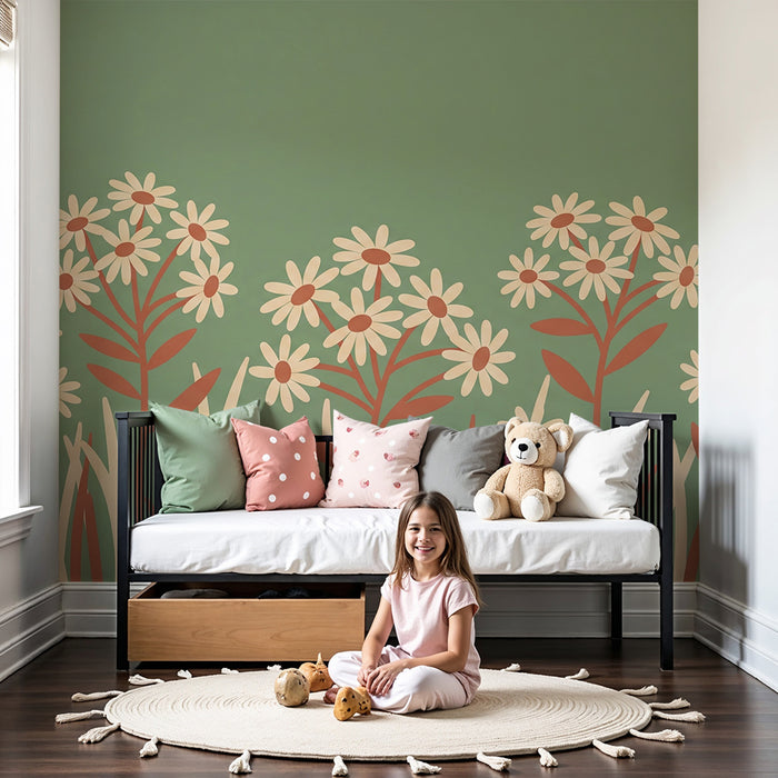 Babykamer behang | Delicate bloemen op groene achtergrond