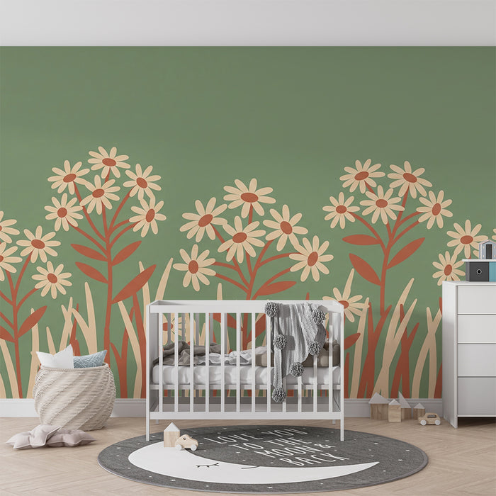 Babykamer behang | Delicate bloemen op groene achtergrond