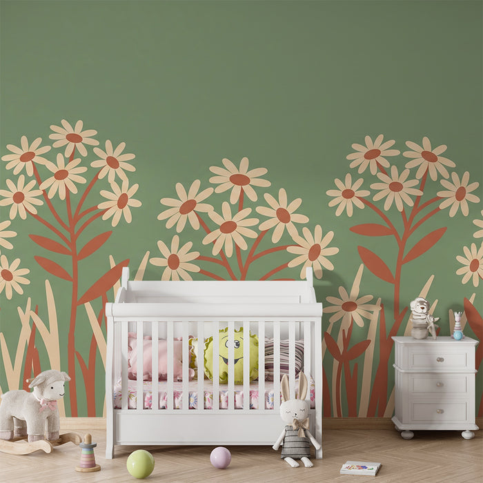 Babykamer behang | Delicate bloemen op groene achtergrond
