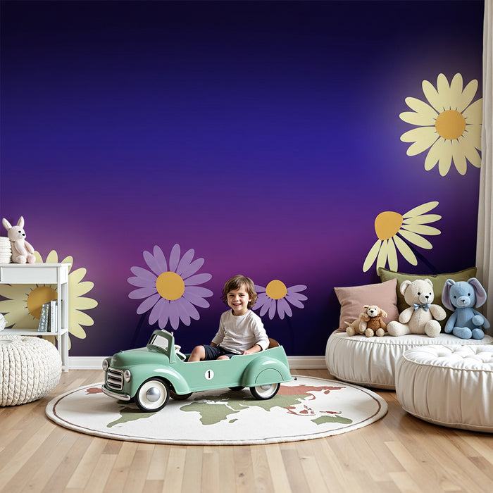 Papier peint chambre bébé | Fleurs délicates sur fond violet apaisant