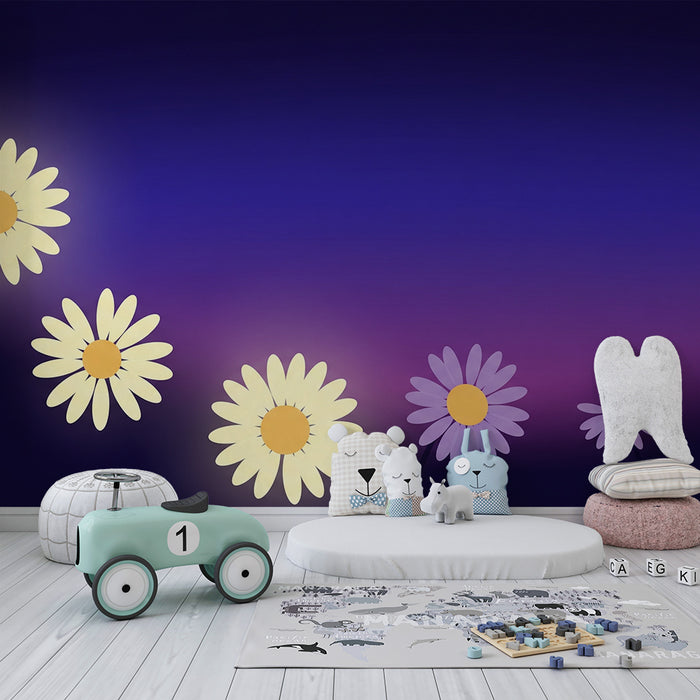 Papier peint chambre bébé | Fleurs délicates sur fond violet apaisant