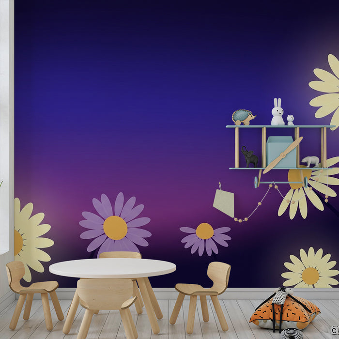 Papier peint chambre bébé | Fleurs délicates sur fond violet apaisant