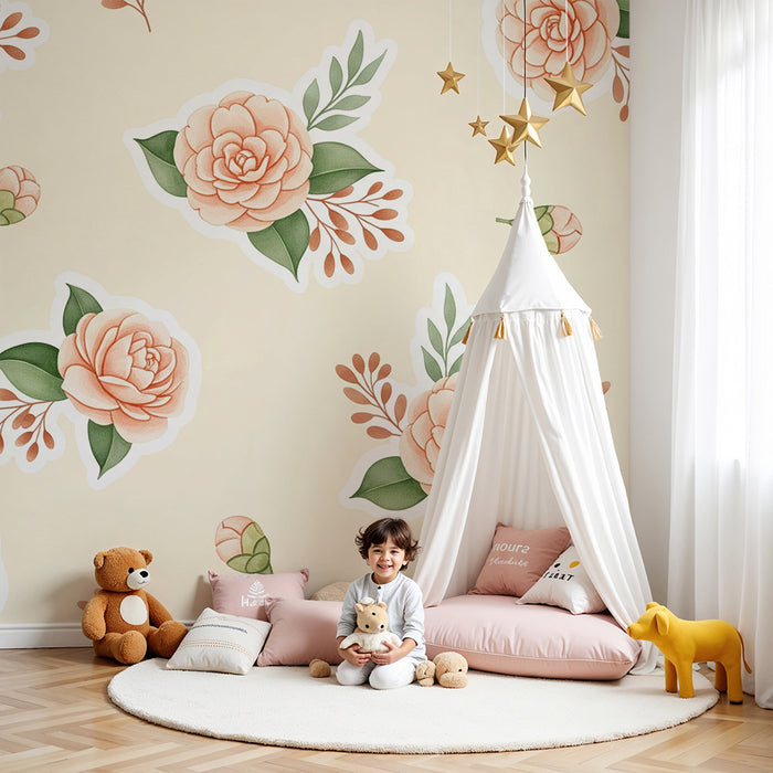 Babykamer behang | Delicate bloemen op een mooie zachte achtergrond
