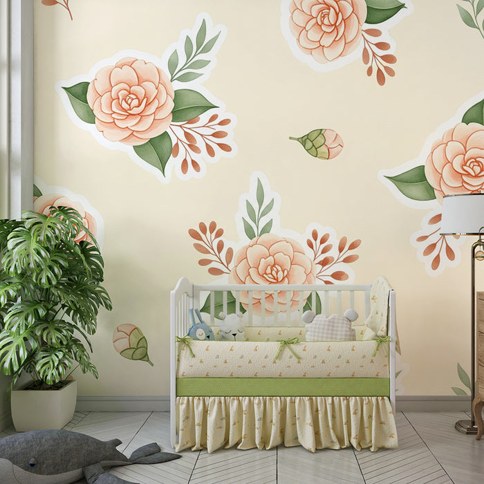 Babykamer behang | Delicate bloemen op een mooie zachte achtergrond