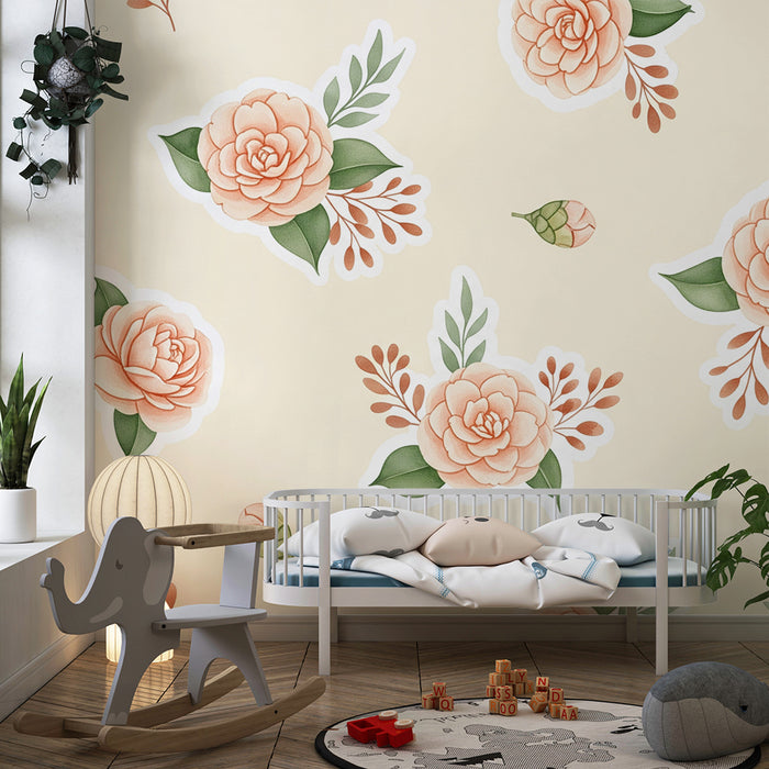 Babykamer behang | Delicate bloemen op een mooie zachte achtergrond