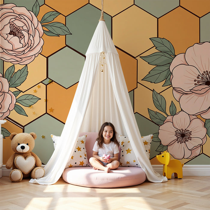 Tapet pentru camera copilului | Flori delicate pe un fundal geometric în culori pastelate