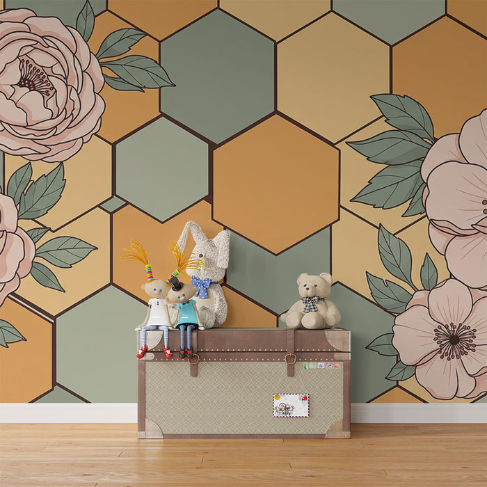 Tapet pentru camera copilului | Flori delicate pe un fundal geometric în culori pastelate