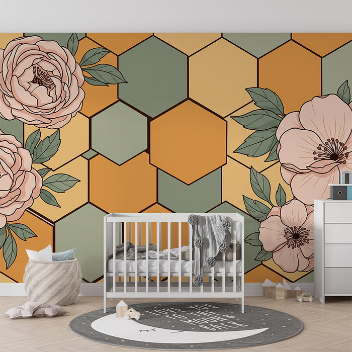 Tapet pentru camera copilului | Flori delicate pe un fundal geometric în culori pastelate