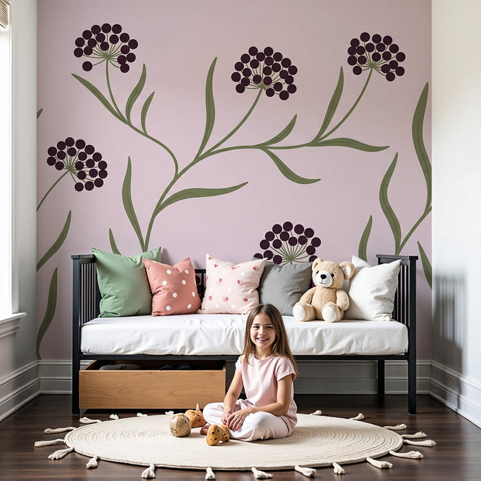 Babytapet til barnerom | Delikate blomster på en myk rosa bakgrunn