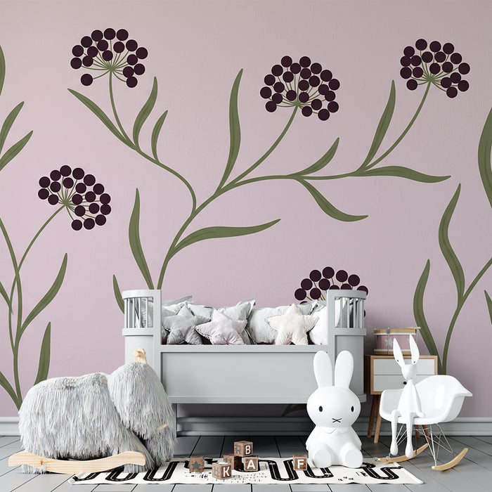 Babytapet til barnerom | Delikate blomster på en myk rosa bakgrunn