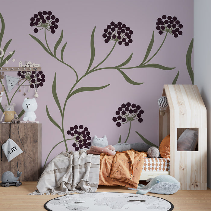 Babytapet til barnerom | Delikate blomster på en myk rosa bakgrunn