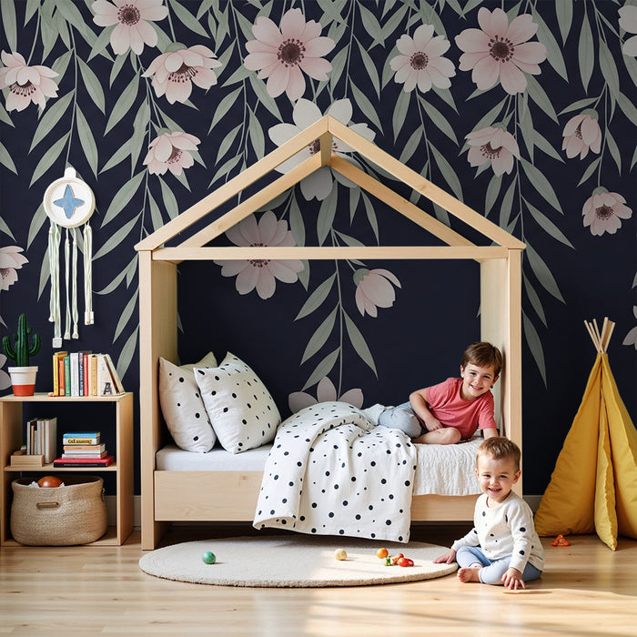 Babykamer behang | Delicate bloemen hangen aan een donkere achtergrond