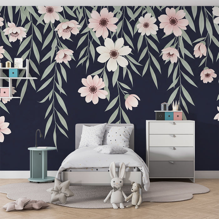 Babykamer behang | Delicate bloemen hangen aan een donkere achtergrond