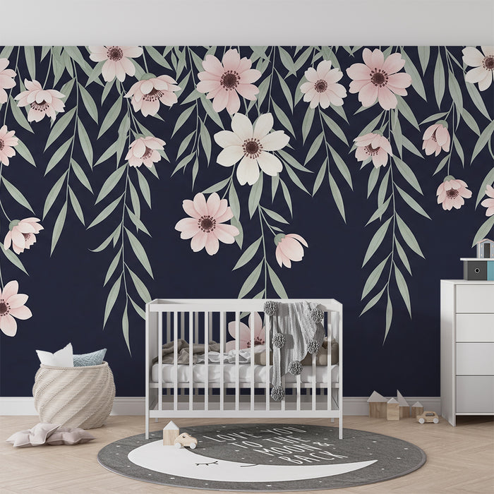 Babykamer behang | Delicate bloemen hangen aan een donkere achtergrond
