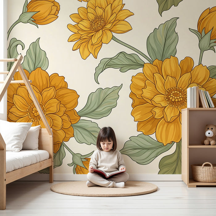 Papier peint chambre bébé | Fleurs dorées avec feuillage délicat sur fond clair