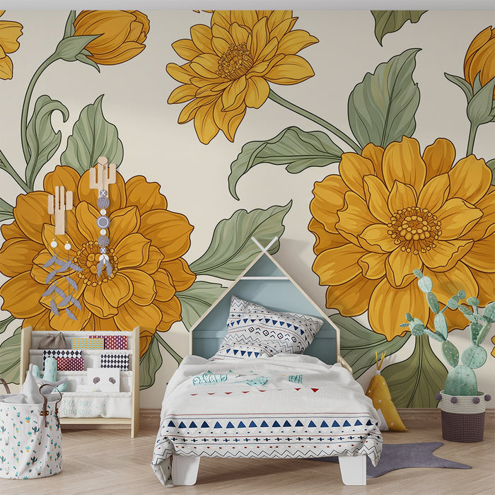 Papier peint chambre bébé | Fleurs dorées avec feuillage délicat sur fond clair