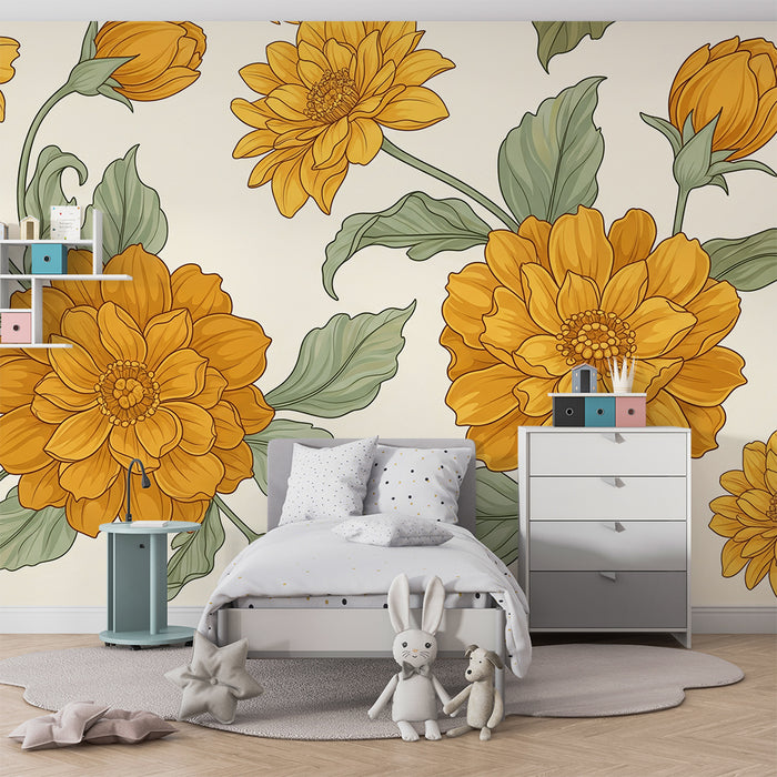 Papier peint chambre bébé | Fleurs dorées avec feuillage délicat sur fond clair