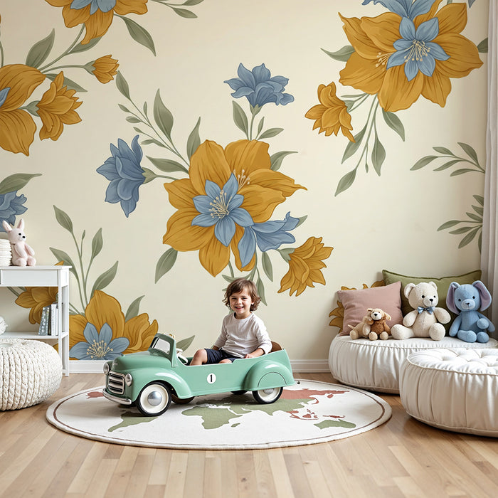 Papel de parede para quarto de bebé | Flores douradas e azuis sobre fundo creme