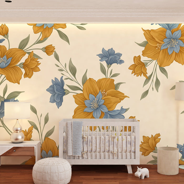 Papel de parede para quarto de bebé | Flores douradas e azuis sobre fundo creme
