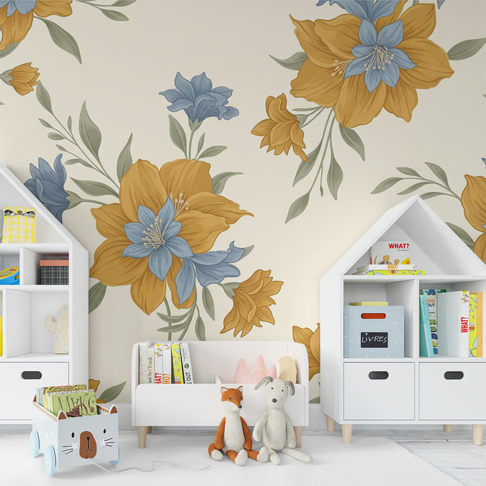 Papel de parede para quarto de bebé | Flores douradas e azuis sobre fundo creme