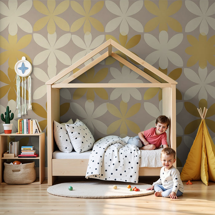 Papier peint chambre bébé | Fleurs dorées et douces nuances