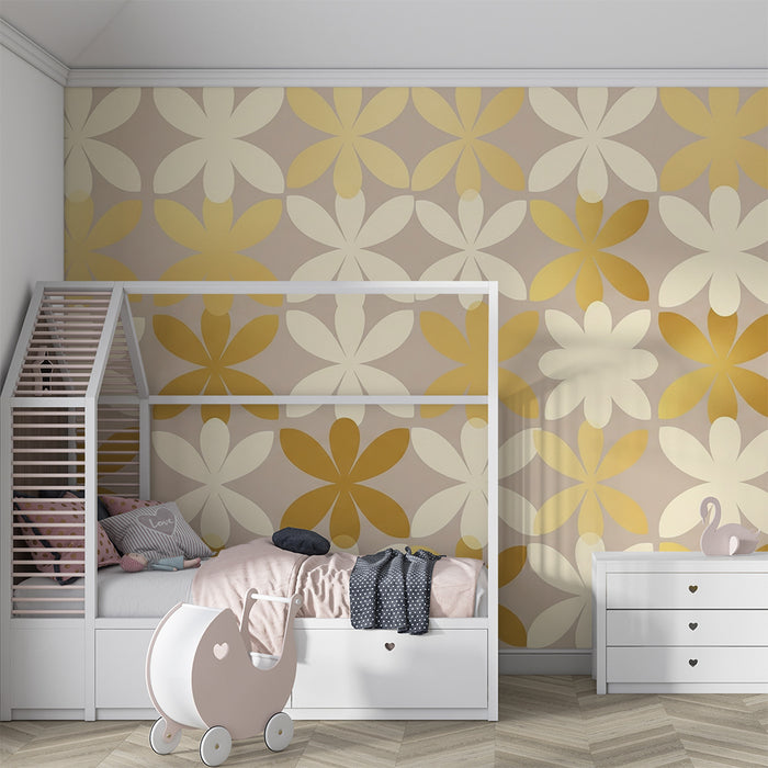 Papier peint chambre bébé | Fleurs dorées et douces nuances