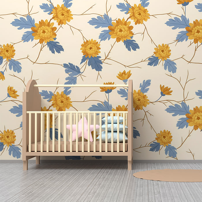 Tapet barnerom | Gullblomster og blå blader på krembakgrunn