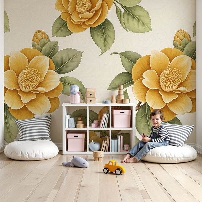 Papier peint chambre bébé | Fleurs dorées et feuillage délicat sur fond clair