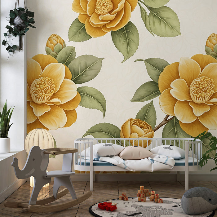 Papier peint chambre bébé | Fleurs dorées et feuillage délicat sur fond clair