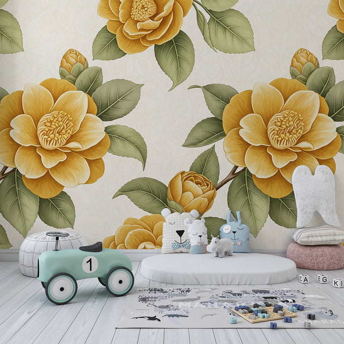 Papier peint chambre bébé | Fleurs dorées et feuillage délicat sur fond clair