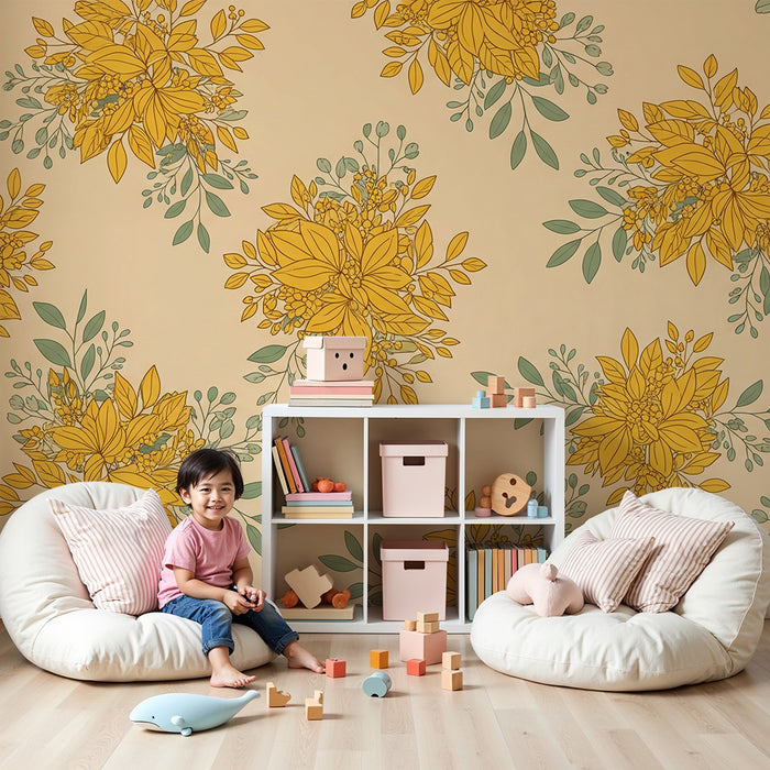 Papier peint chambre bébé | Fleurs dorées et feuillage délicat sur fond doux