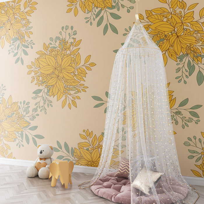 Papier peint chambre bébé | Fleurs dorées et feuillage délicat sur fond doux