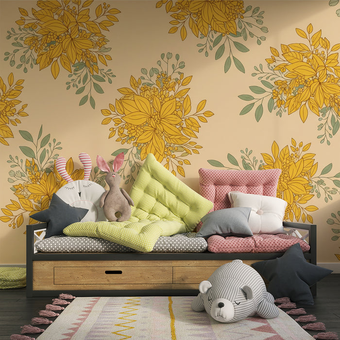 Papier peint chambre bébé | Fleurs dorées et feuillage délicat sur fond doux