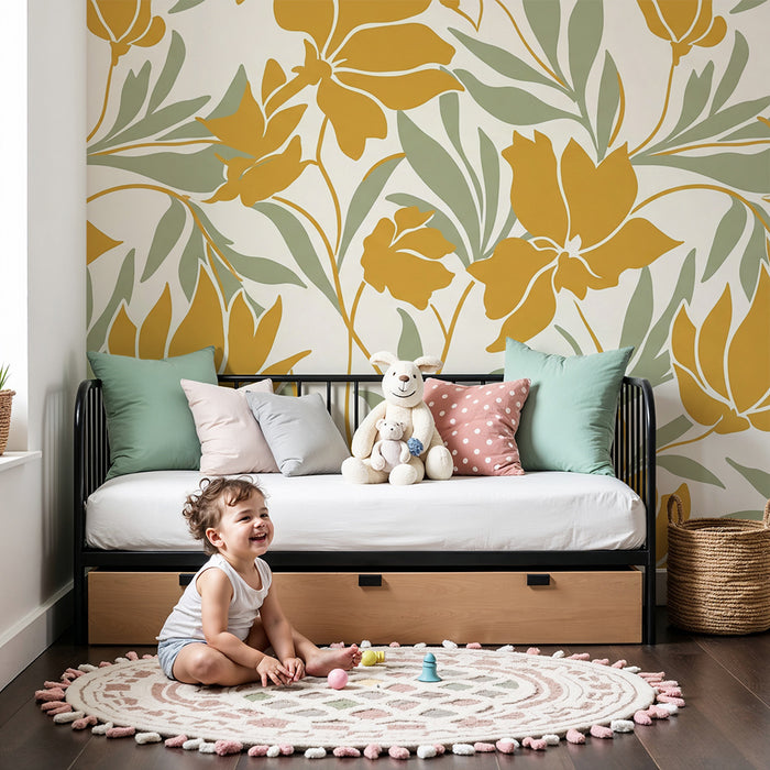 Papier peint chambre bébé | Fleurs dorées et feuillage doux sur fond clair