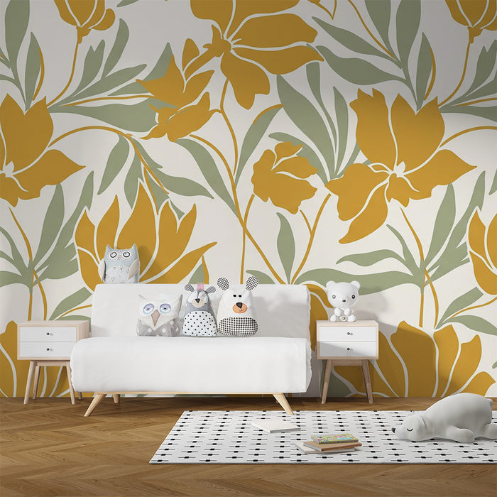 Papier peint chambre bébé | Fleurs dorées et feuillage doux sur fond clair