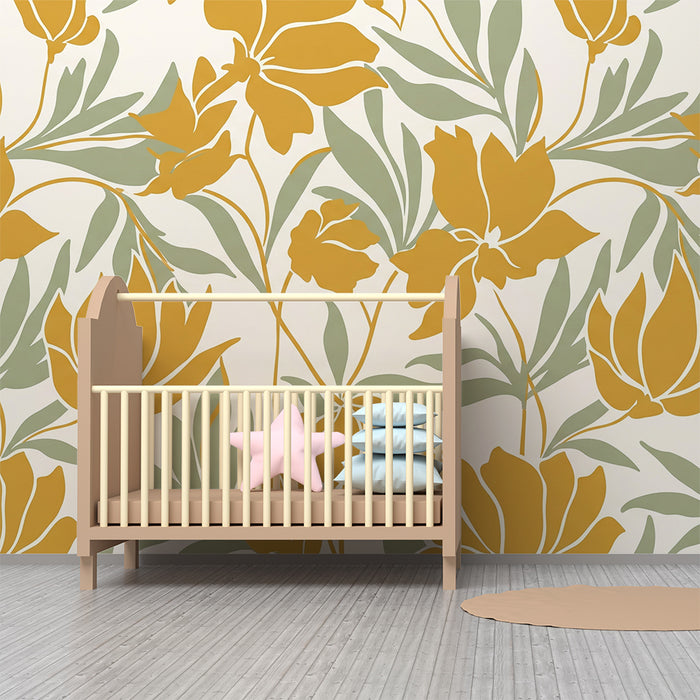 Papier peint chambre bébé | Fleurs dorées et feuillage doux sur fond clair