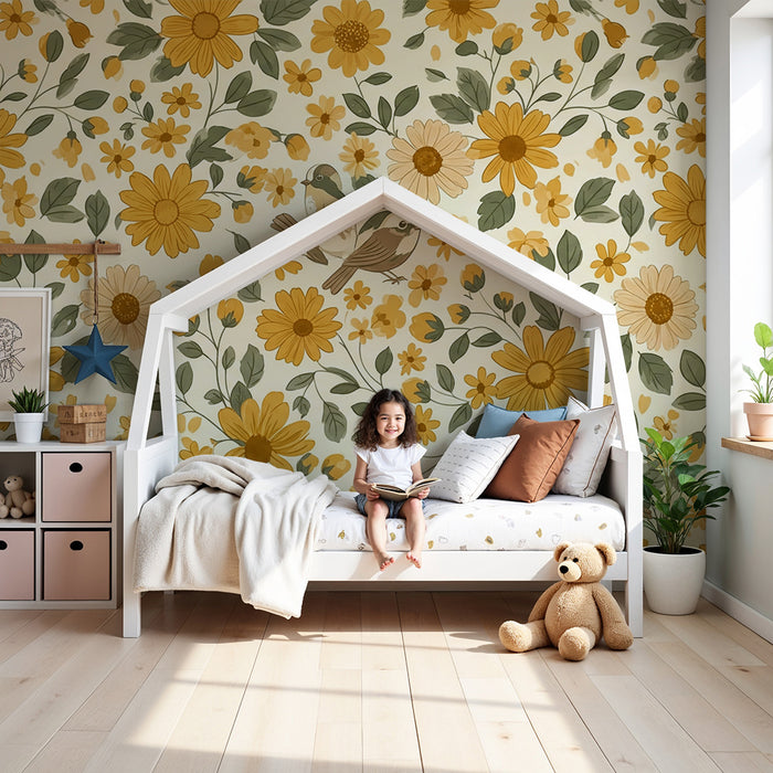 Papel de parede quarto bebê | Flores douradas e pássaros num jardim ensolarado