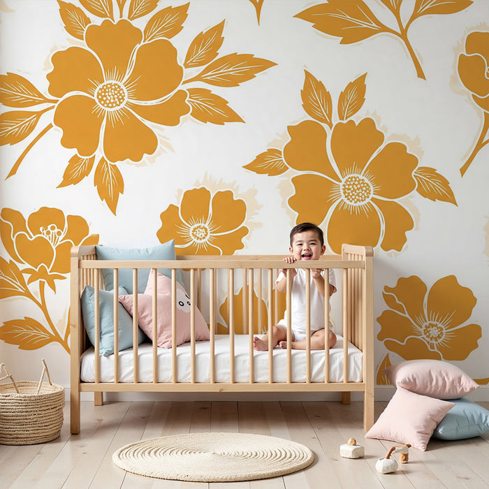 Papier peint chambre bébé | Fleurs dorées sur fond blanc pour une ambiance douce