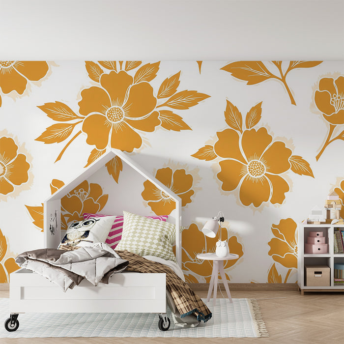 Papier peint chambre bébé | Fleurs dorées sur fond blanc pour une ambiance douce