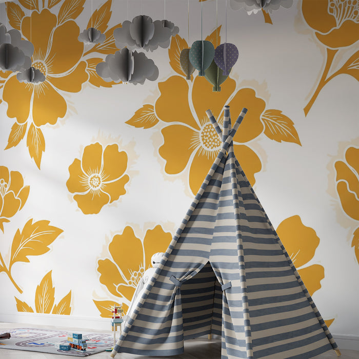 Papier peint chambre bébé | Fleurs dorées sur fond blanc pour une ambiance douce