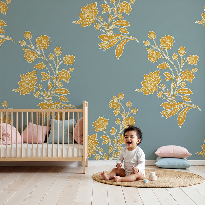 Papier peint chambre bébé | Fleurs dorées sur fond bleu apaisant