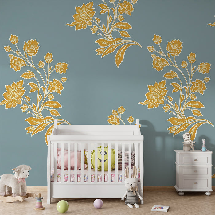 Papier peint chambre bébé | Fleurs dorées sur fond bleu apaisant