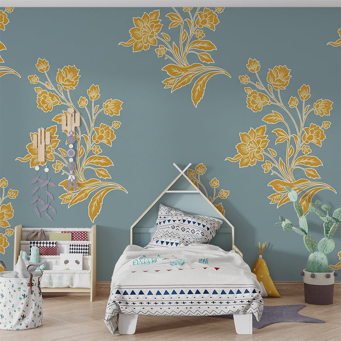Papier peint chambre bébé | Fleurs dorées sur fond bleu apaisant