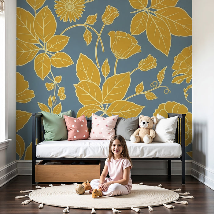 Papier peint chambre bébé | Fleurs dorées sur fond bleu aux tons apaisants