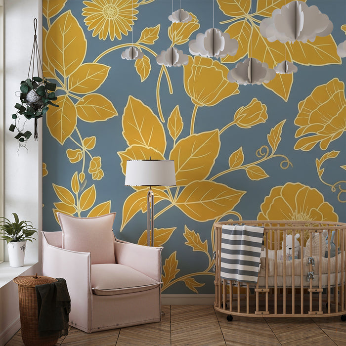 Papier peint chambre bébé | Fleurs dorées sur fond bleu aux tons apaisants
