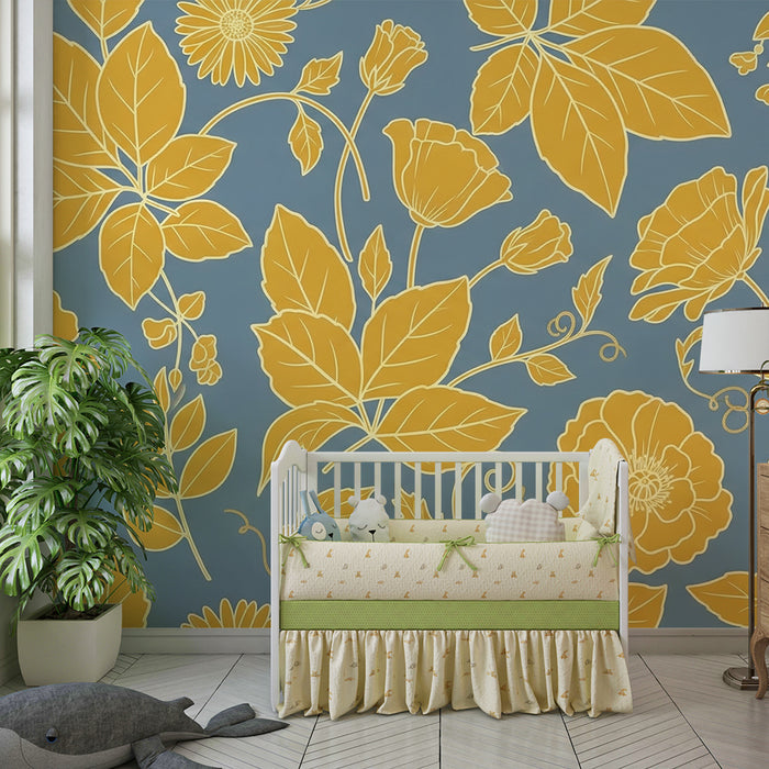 Papier peint chambre bébé | Fleurs dorées sur fond bleu aux tons apaisants