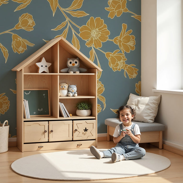 Papier peint chambre bébé | Fleurs dorées sur fond bleu doux