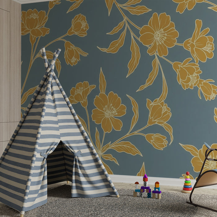 Papier peint chambre bébé | Fleurs dorées sur fond bleu doux