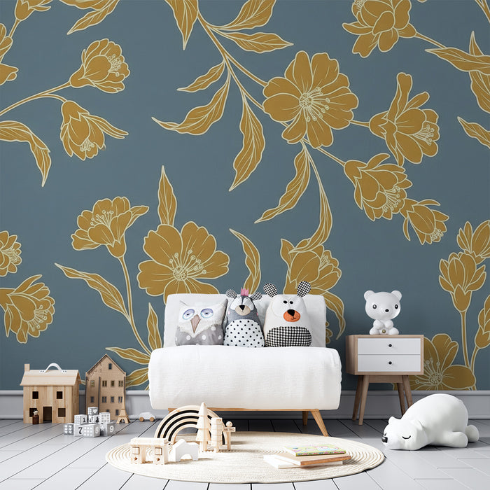 Papier peint chambre bébé | Fleurs dorées sur fond bleu doux
