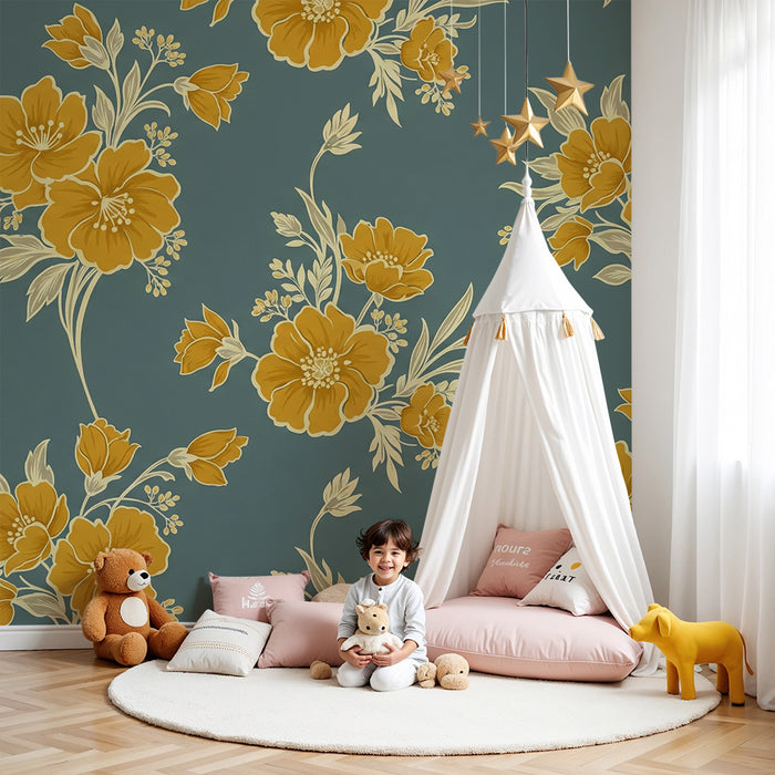 Papier peint chambre bébé | Fleurs dorées sur fond bleu tendre